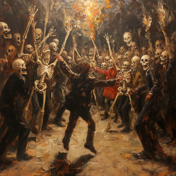 A painting of a person dancing with skeletons Description automatically generated